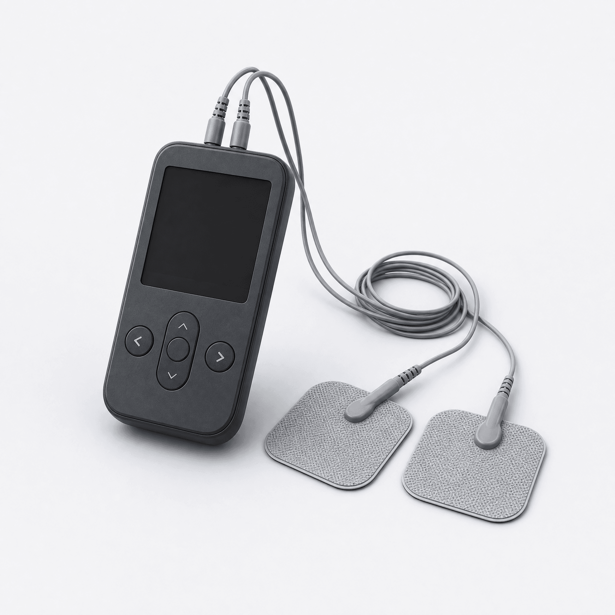 Illustrative render of a TENS unit with lead wires and electrode pads on a plain studio background