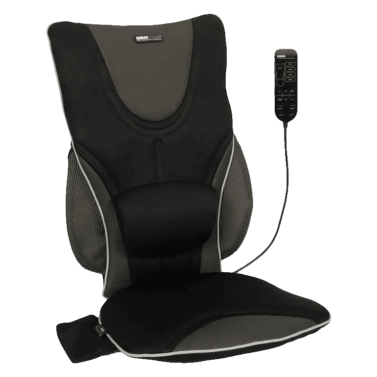 ObusForme massaging driver’s seat cushion with a lumbar pad and a touchpad controller on a cord