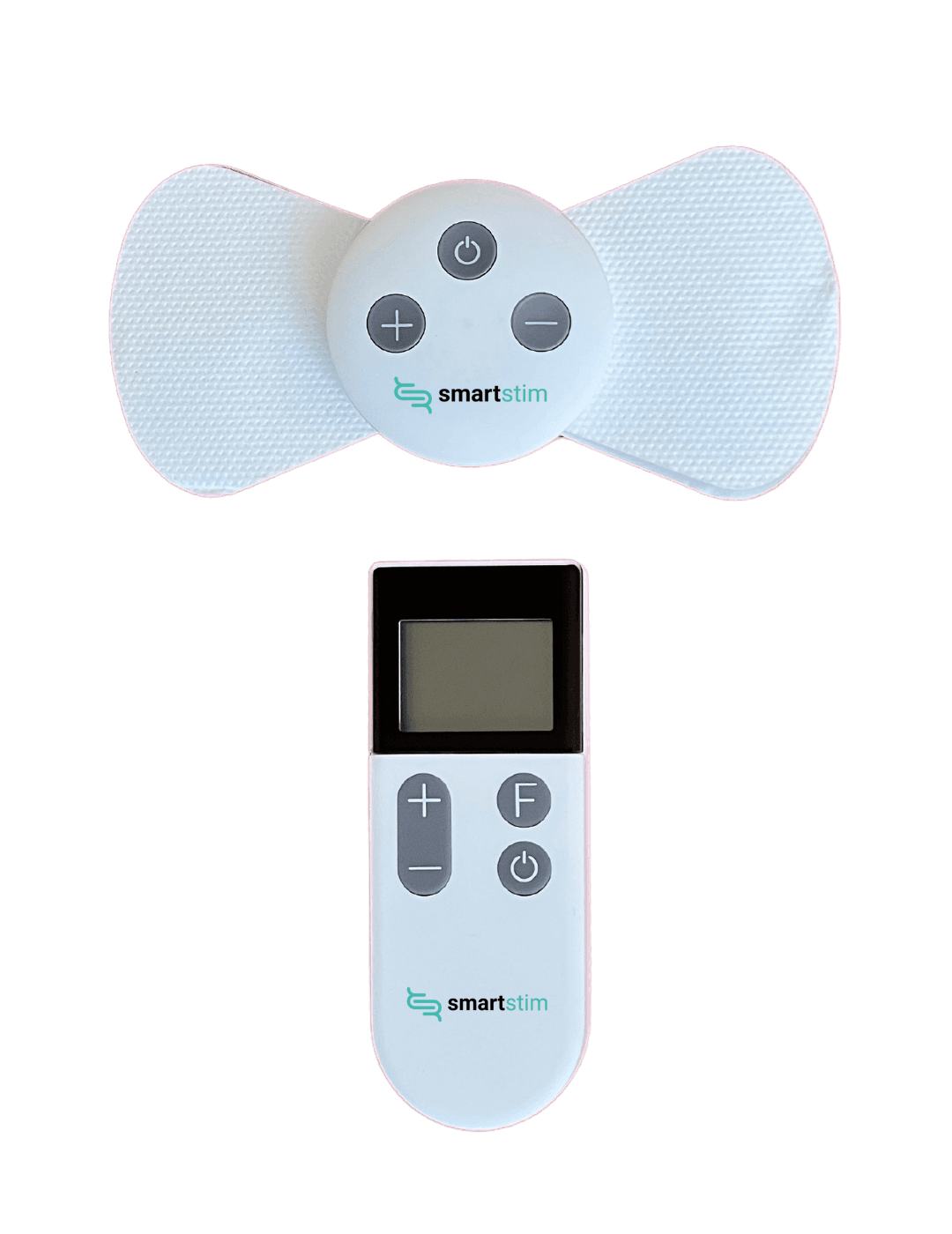 SmartStim wireless TENS unit snapped onto its butterfly-shaped treatment pad, beside the handheld remote