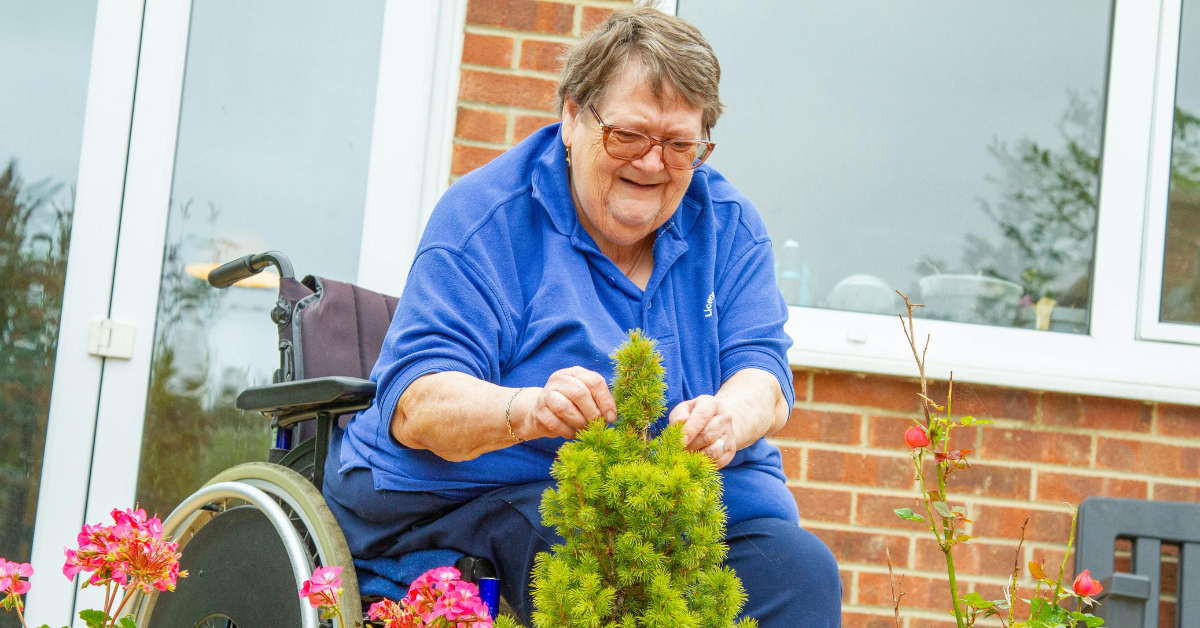 Woman working on her plants and shrubbery from her wheelchair outdoors