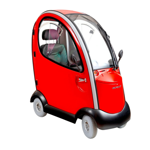 Angled view of the Shoprider Flagship powered mobility scooter in red on a white background